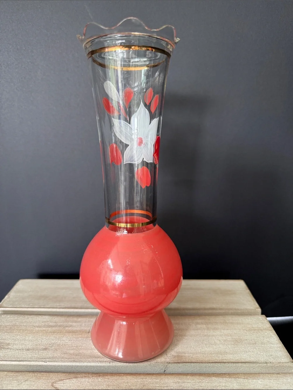 VTG Bartlett-Collins Pink Glass Bud Vase Hand Painted Floral Gold Trim MCM